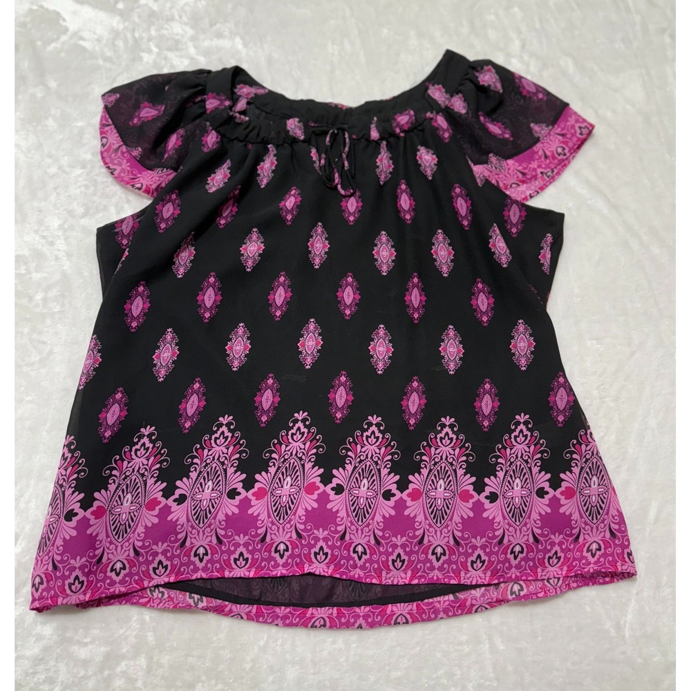 Apt. 9 Women's Black & Pink Paisley Sheer Flutter‎ Sleeve Tie Neck Blouse